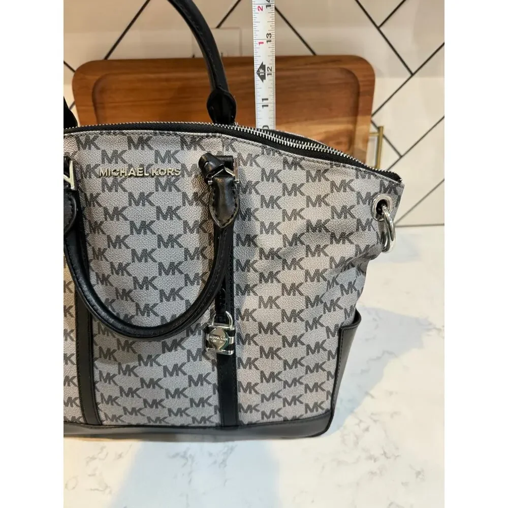 Michael Kors Monogram MK Logo Large Satchel Purse gray black w/bag charm 2018